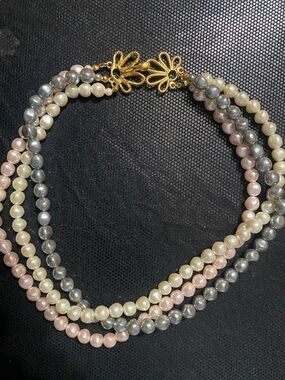 Multistrand Pearl Necklace with Gold Flower Clasp - Pink, Gray, Cream